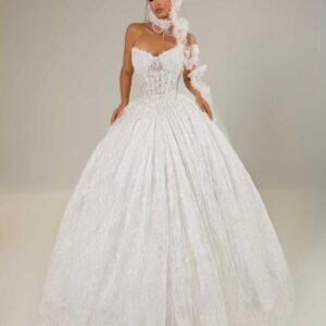 "ROZA" Haute Couture Lace Ball Gown – Strapless Sweetheart Exposed-Boning Corset with Regal Shimmering Veil and Choker
