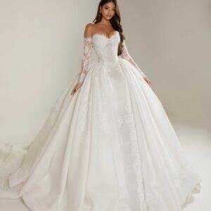 "RIKA" Aristocratic Off-the-Shoulder Ball Gown – Satin Basque Corset with Chantilly Lace Sleeves and Grand Pleated Cathedral Skirt