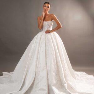 "AISHA" Royal Ball Gown Wedding Dress – Strapless Pearl-Beaded Corset & Dramatic Satin Train