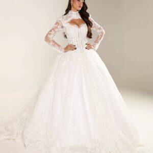"TANA" Royal Chantilly Lace Ball Gown – High-Neck Keyhole Illusion Bodice with Eyelash Trim and Grand Cathedral Skirt