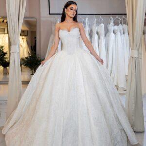 "MIGENA" Royal Chantilly Lace Ball Gown – Strapless Sweetheart Basque Corset with Delicately Beaded Eyelash Trim