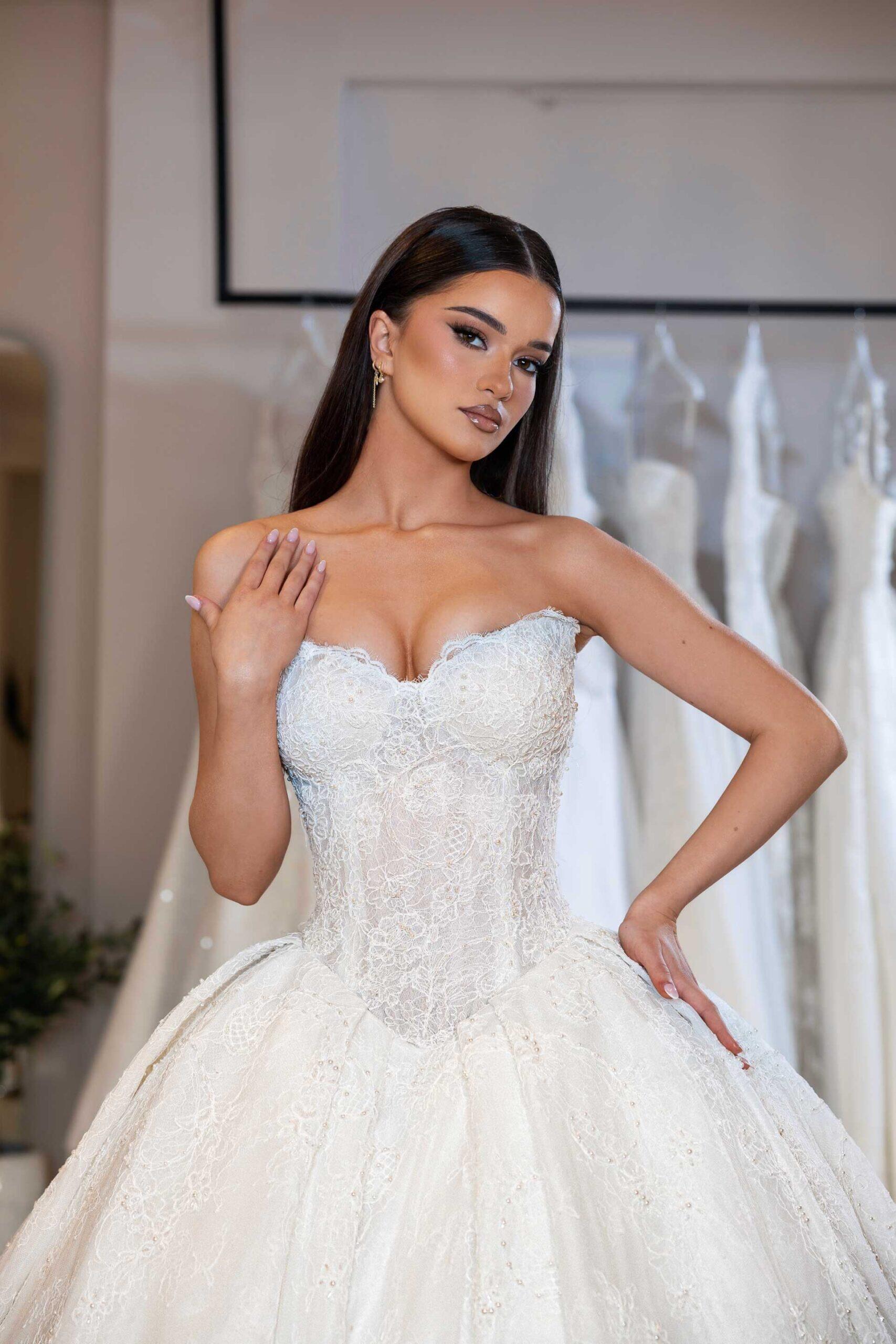 "MIGENA" Royal Chantilly Lace Ball Gown – Strapless Sweetheart Basque Corset with Delicately Beaded Eyelash Trim - Image 2