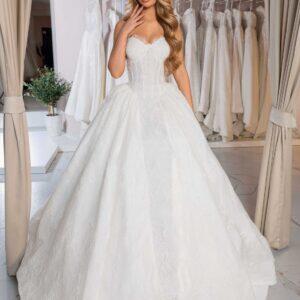 "MIA" Breath-Taking Scalloped Lace Ball Gown – Strapless Basque Corset with Shimmering Ethereal Cathedral Skirt