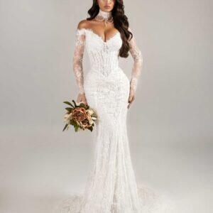 "ALBINA" Couture Lace Mermaid Gown – Off-the-Shoulder Illusion Corset with Exclusive Pearl Choker