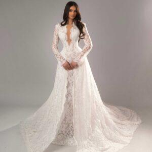 "ELVIRA" Haute Couture Lace Gown – High-Neck Plunging Column Dress with Dramatic Detachable Over-Skirt