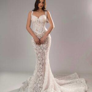 "BOHO" Romantic Guipure Lace Mermaid Gown – Structured Illusion Corset with Embellished Straps