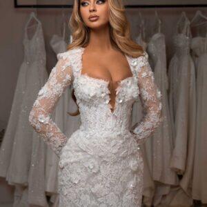"RHEA" Haute Couture Lace Bridal Mini – Plunging Square Neckline with 3D Floral Appliques and Long Illusion Sleeves