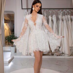 "JULIET" Renaissance Lace Mini Bridal Gown – Deep V-Neckline with Dramatic Eyelash-Trim Angel Flare Sleeves
