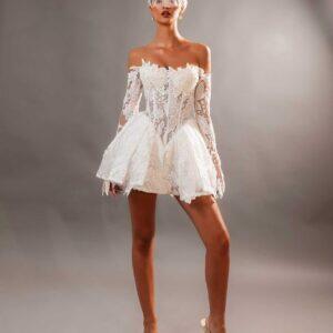 "ARIA" Avant-Garde Mini Bridal Gown – Off-the-Shoulder Illusion Basque Corset with Voluminous Peplum Skirt