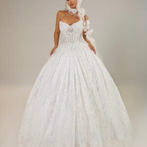 "ROZA" Haute Couture Lace Ball Gown – Strapless Sweetheart Exposed-Boning Corset with Regal Shimmering Veil and Choker