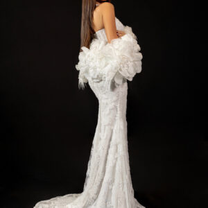 "DIMAL" Glamorous Halter Mermaid Gown – Beaded Illusion Corset with Extravagant Ruffled Statement Boa