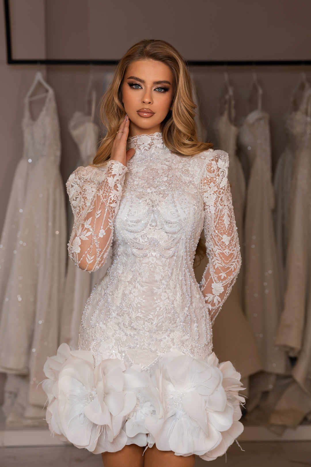 "DARA" High-Neck Lace Bridal Mini – Victorian Illusion Bodice with Extravagant 3D Floral Hem