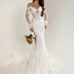 "LULE" Romantic Off-the-Shoulder Mermaid Gown – Illusion Corset with 3D Floral Petals and Cathedral Lace Train