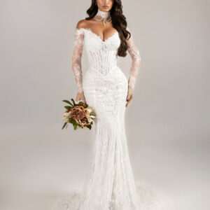 "ALBINA" Couture Lace Mermaid Gown – Off-the-Shoulder Illusion Corset with Exclusive Pearl Choker