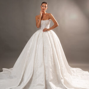 "AISHA" Royal Ball Gown Wedding Dress – Strapless Pearl-Beaded Corset & Dramatic Satin Train
