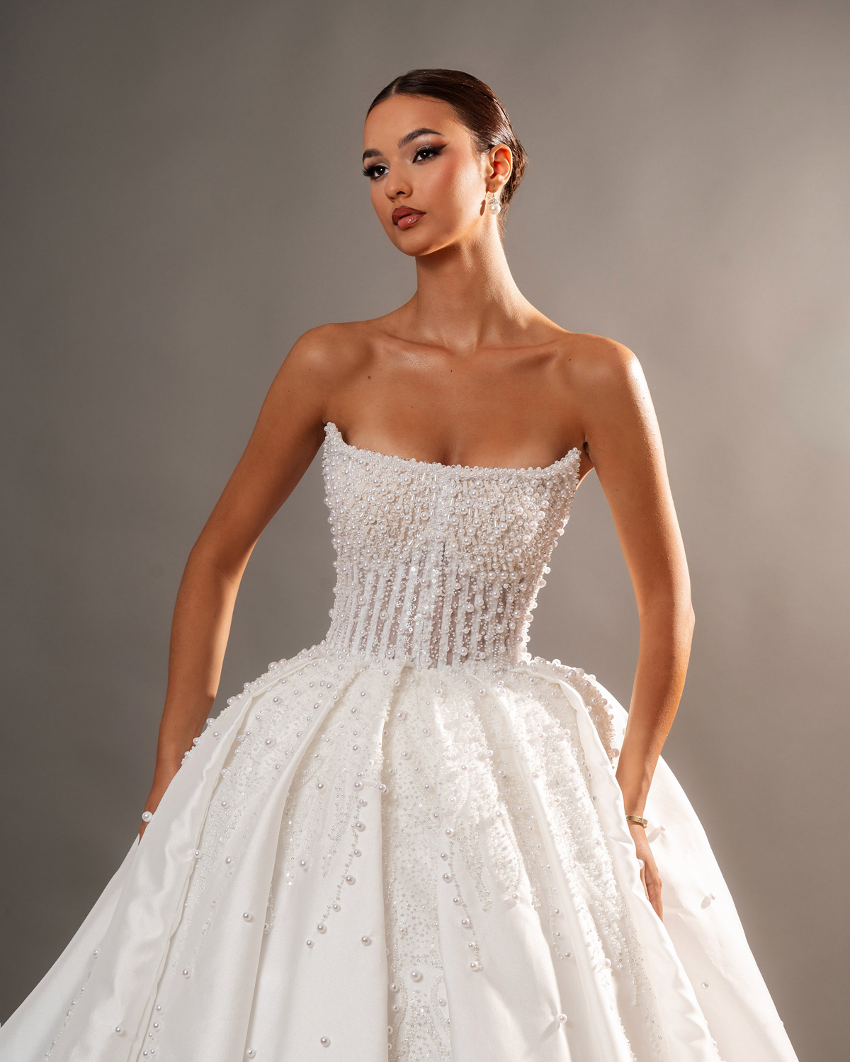 "AISHA" Royal Ball Gown Wedding Dress – Strapless Pearl-Beaded Corset & Dramatic Satin Train - Image 2