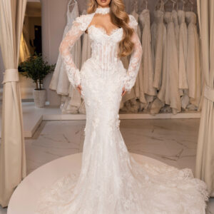 "ISLA" Full-Body Pearl-Encrusted Bridal Mini – Strapless Structural Corset with 3D Floral Bust Appliques