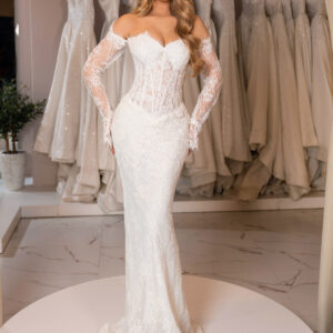"ALBINA IV" Off-the-Shoulder Lace Mermaid Gown – Sheer Corset Bodice with Romantic Eyelash Trim