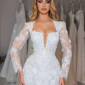 "RHEA" Haute Couture Lace Bridal Mini – Plunging Square Neckline with 3D Floral Appliques and Long Illusion Sleeves