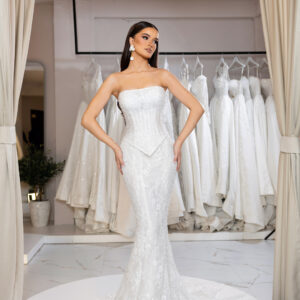 "ERZA" Glamorous Shimmering Mermaid Gown – Strapless Basque Corset with Fully Beaded Lace Trumpet Train