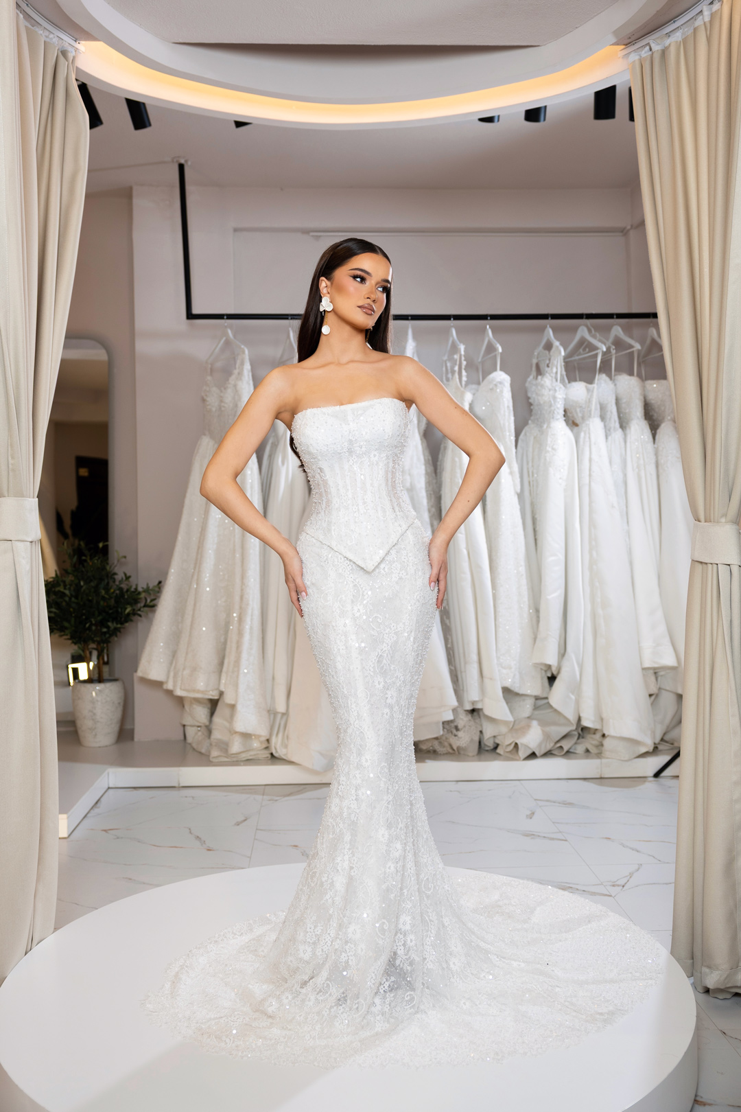 "ERZA" Glamorous Shimmering Mermaid Gown – Strapless Basque Corset with Fully Beaded Lace Trumpet Train