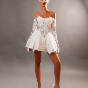 "ARIA" Avant-Garde Mini Bridal Gown – Off-the-Shoulder Illusion Basque Corset with Voluminous Peplum Skirt